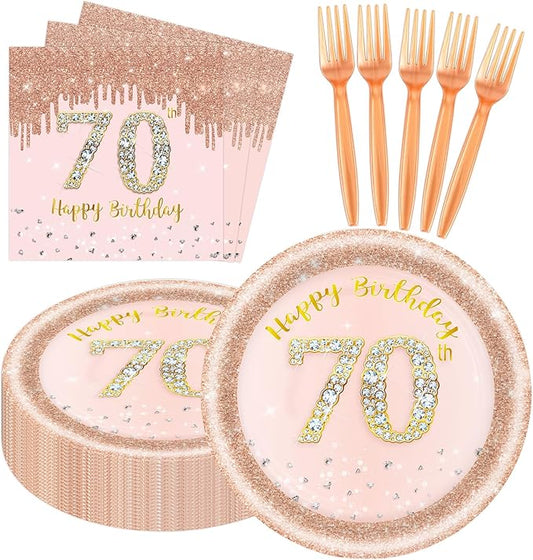 60 PCS 70th Birthday Decorations for Women, 70th Birthday Plates and Napkins Rose Gold Disposable Tableware Set Party Supplies for Women Cheers to 70 Years Anniversary (70TH)
