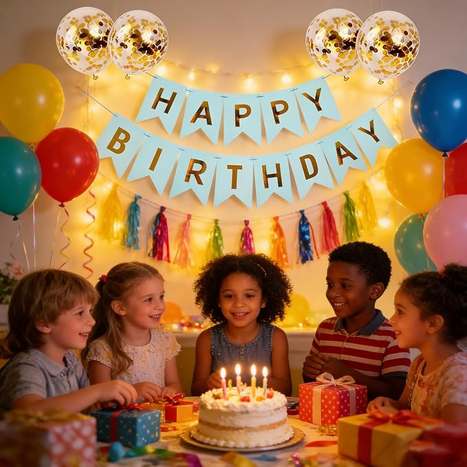 Happy Birthday Banner Sign Bunting Hanging Decorations with Shiny Gold Balloons Birthday Party Sign Decor for Party Supplies(Blue)