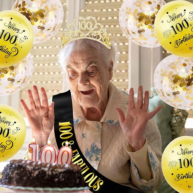 100th Birthday Tiara and Sash Kit - '100 & FABULOUS' Black Sashes and Gold Rhinestone Birthday Crown for Women