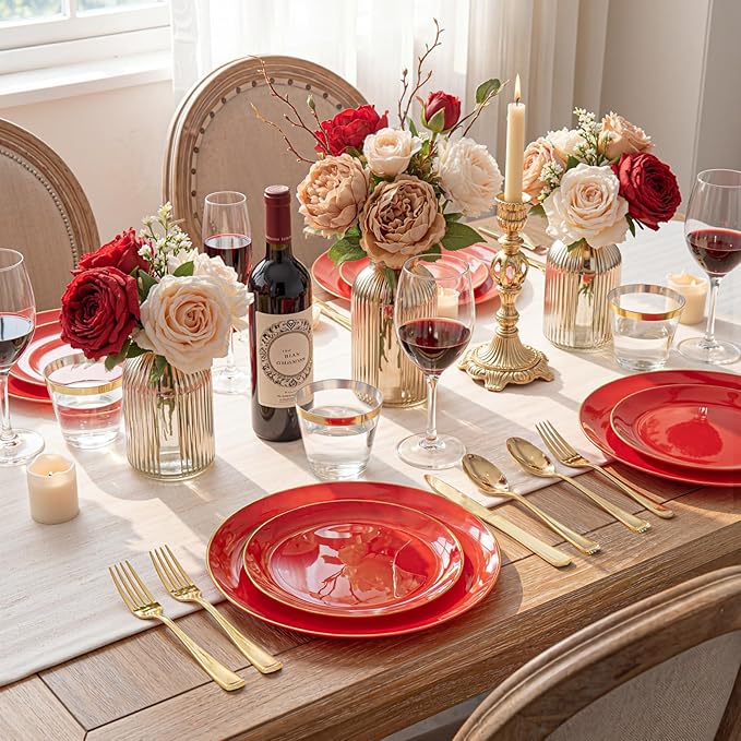 WDF 150Pcs Red Plastic Plates - Red Plates Disposable - 25Guest Dinnerware Include 25 Dinner Plate, 25 Dessert Plate, 75 Cutlery & 25 9oz Cups for Wedding/Birthday/Bridal Shower