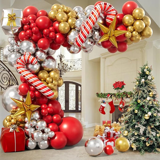 Christmas Balloon Garland Arch Kit - Xmas Red Gold Silver Candy Cane Balloons Gift Box Starburst Balloons for New Year Winter Christmas Party Decorations