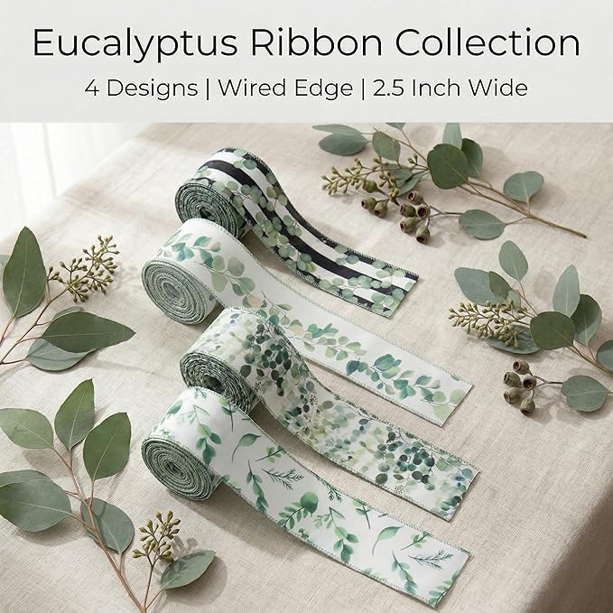 Eucalyptus Wired Edge Ribbon 20 Yards, Green Botanical Black Stripe Greenery Ribbon for Spring Summer Wreath Bow Making, Floral Arrangement, Gift Wrapping, Holiday Decor, 4 Rolls, 2.5 Inch (Green)
