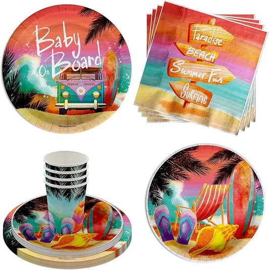 Birthday Galore Baby on Board Baby Shower Party Supplies - 64 Piece Surfing Baby Shower Tableware Set Includes Large 9" Dinner Plates and 8" Dessert Paper Plates Napkins Cups - Kit for 16