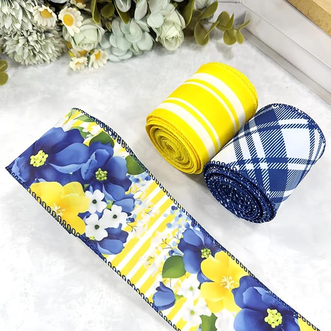 Spring Summer Blue Floral Wired Ribbon, Retro Yellow Blue Flower Ribbon for Bow Wreath Making DIY Gift Wrapping, Holiday Wedding Birthday Party Decorations, 3 Rolls, 2.5Inch,12 Yards (Blue)