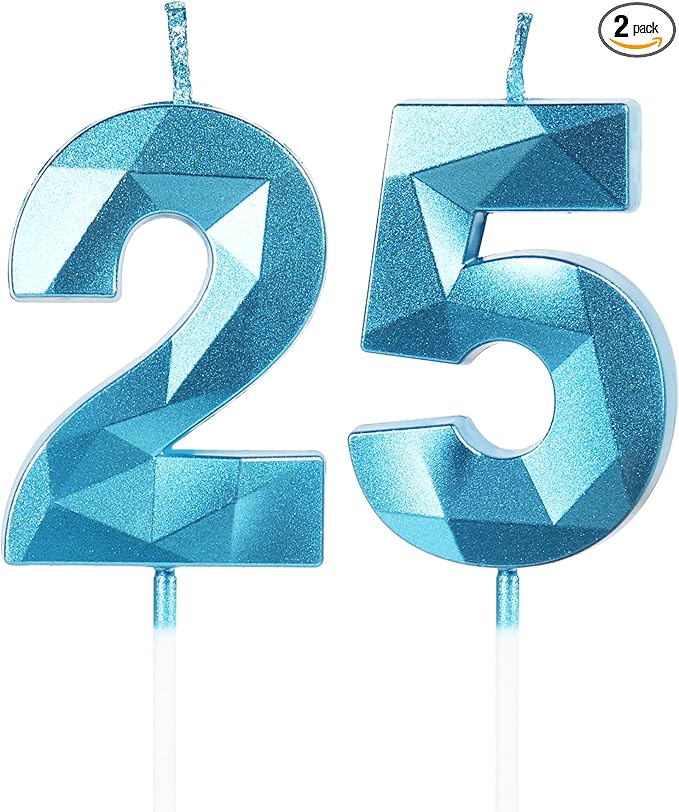 25th Birthday Candles,Number 25 Candles,Blue Happy Birthday Candle for Cake,3D Design Cake Topper Decorations for Women Men Birthday Party Wedding Anniversary Celebration Supplies