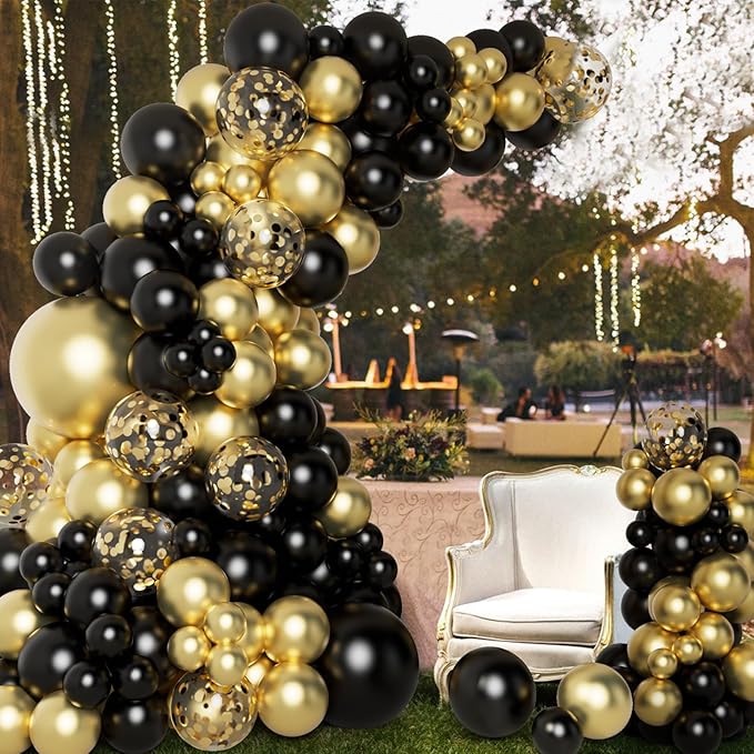 DBKL Black and Gold Balloons Garland Arch Kit with Black Gold Confetti Balloons for Happy New Year Decorations 2025 Birthday Graduation Party Supplies