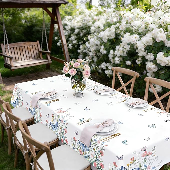 2Pcs Spring Floral Tablecloth 54 x 108 Inch Disposable Plastic Table Cover, Wildflower Butterfly Garden Party Decorations Waterproof Tablecloth for Birthday Baby Shower Bridal Shower Picnic Supplies