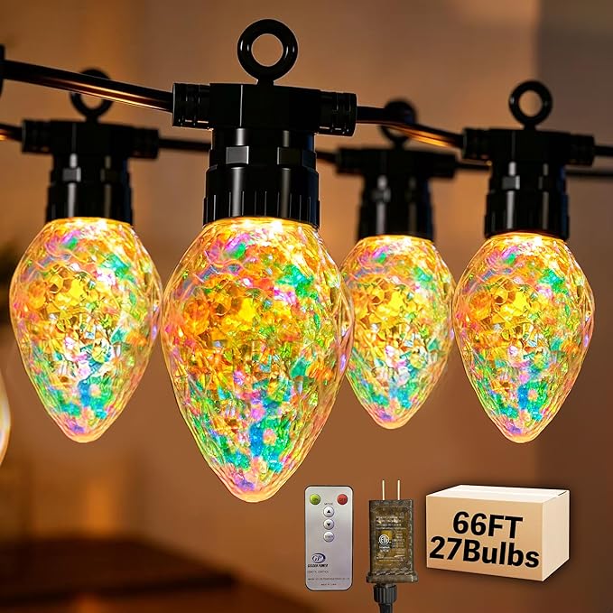 Outdoor String Lights, 66FT 27 LED Iridescent Holographic Bulbs, Waterproof Patio Lights with Remote Control, Shatterproof Connectable Lights for Backyard, Porch, Garden, and Party