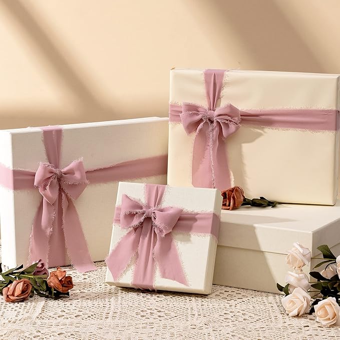 3 Rolls Ribbon, Dusty Rose Flower Chiffon Ribbon for Flower Bouquet, 1 1/2 inch x 7Yd Ribbons for Gift Wrapping, Wedding Invitations, Bridal Bouquets, DIY Crafts for Mothers Day