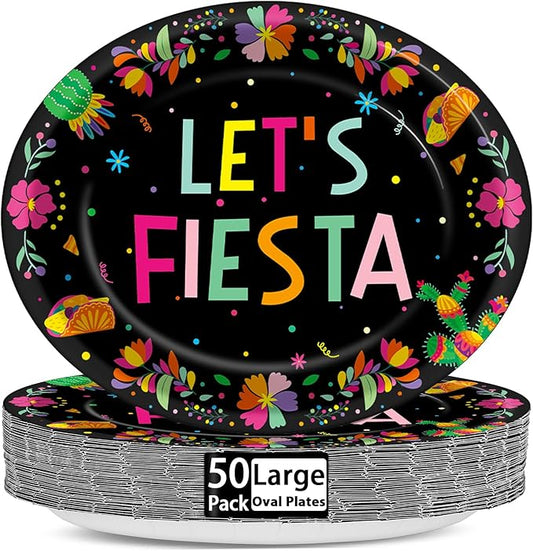Qyeahkj 50 PCS Mexican Oval Paper Plates Large 11” Disposable Let's Fiesta Mayo Party Decorations Fiesta Theme Birthday Supplies Favor for Carnival Mexico Floral Taco Party Tableware Set