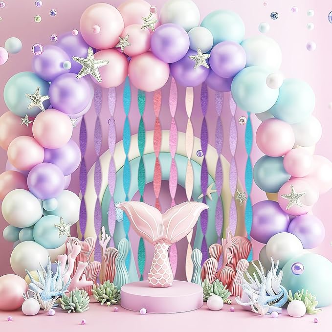 Pastel Crepe Paper Streamers 8 Rolls 656ft Party Streamers for Mermaid, Baby Shower, Under The Sea Party Decorations for Girls
