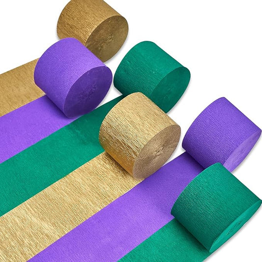 PartyWoo Mardi Gras Crepe Paper Streamers 6 Rolls 492 ft Pack of Metallic Gold Purple and Green Crepe Paper for Mardi Gras Halloween Birthday Party Decorations (1.8 Inch x 82 Ft/Roll)