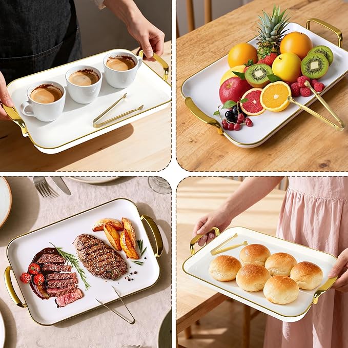 3 Pcs Serving Tray with Handles, Stackable Serving Platters with 3 Sugar Cube Tongs, 16.5/14.9/13.2 Inch Rectangle Food Trays, White Party Platters for Dinner, Cookie, Cake, Cheese and Fruit