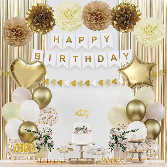 Gold Birthday Decorations for Women, Happy Birthday Party Decorations, Happy Birthday Banner, Gold White Sand Ivory Balloons, Tissue Paper Pompoms, Heart Garland, Party Decor for Girls