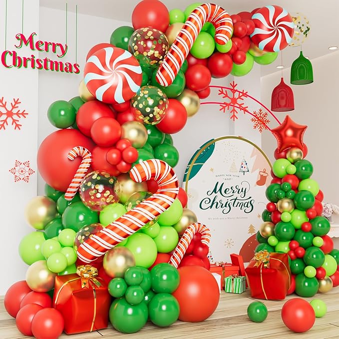 DBKL 138 Pcs Christmas Balloons Garland Arch Kit with Xmas Red Gold Green Balloons Candy Cane Gift Box Foil Balloons for Christmas Party Decorations Birthday Xmas Party Supplies
