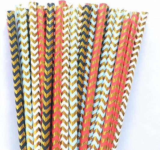 100 pcs Mixed Biodegradable Colorful Party Paper Straws, Colored Black White Blue Red Gold Foil Wave Zig Zag Drinking Straws Bulk, Juice Cocktail Holiday Wedding Cake Pop Sticks (Metallic Chevron 02)
