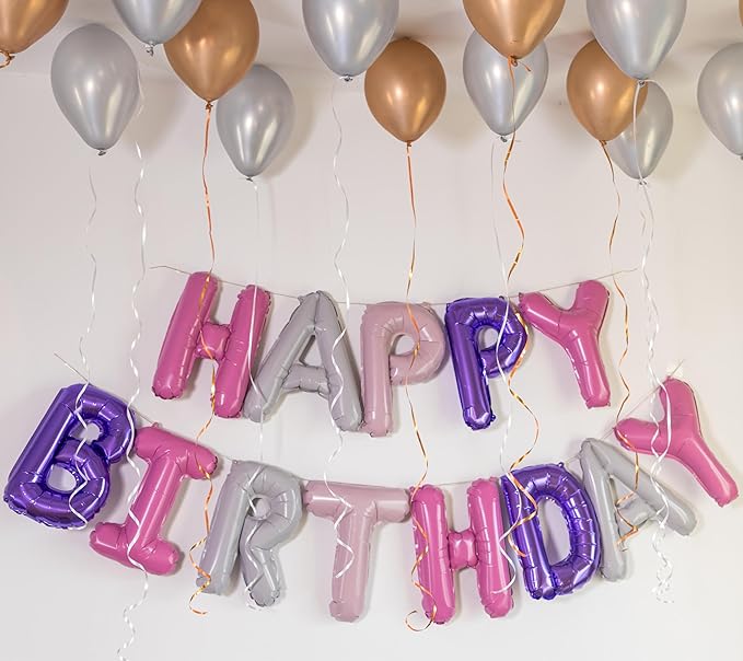 Purple Pink Happy Birthday Balloon Banner, 16 Inch Foil Mylar Happy Birthday Balloons Letters, Reusable Happy Birthday Sign, Pink and Purple Birthday Decorations for Women and Girls