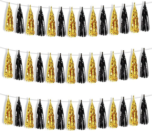 BEISHIDA 3 Packs Black Gold Metallic Foil Fringe Tassel Garland, Tassels Banner Streamers for New Year Graduation Birthday Wedding Engagement Bridal/Baby Shower Christmas Holiday Party Decoration