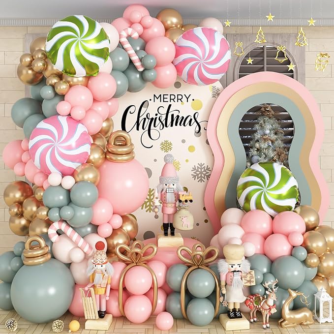 Nutcracker Christmas Balloon Garland Arch Kit, 112Pcs Green Pink and White Gold Latex Balloons with Candy Cane Mylar Foil Christmas Balloon for Girls Xmas Birthday New Year Candyland Party Decorations