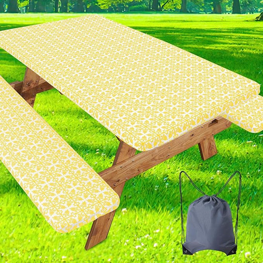 misaya Picnic Table Cover with Bench Cover, Waterproof Elastic Fitted Tablecloth for 5 Foot Tables, Rectangle Washable Polyester Tablecloths for Picnic, Camping, Outdoor (Yellow, 30" x 60")