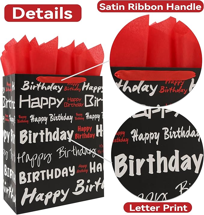 wishinside 16.5” Extra Large Black Happy Birthday Gift Bag Set with Handles, Greeting Card, Tissue Papers and Stickers for Women Men Girls Boys Kids Teens, White Red Words Design, 1 Pcs