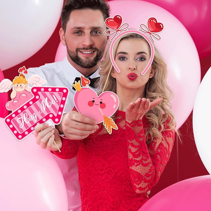 Happy Valentine's Day Photo Booth Props Kit, 24 PCS Selfie Photo Booth Accessories with “Happy Valentine’s Day” Signs, Cute Heart Themed Party Decorations for Valentine’s Party Favors