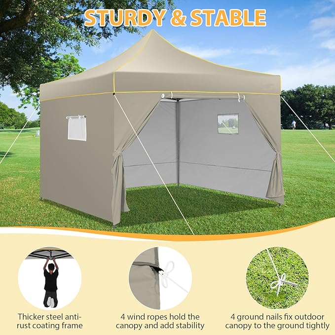 COBIZI 10x10 Pop Up Heavy Duty Canopy Tent with 4 Sidewalls, Easy Setup Outdoor Commercial Instant Tent for Parties Events Canopy with Portable Bag, Waterproof & UPF50+ (Khaki)