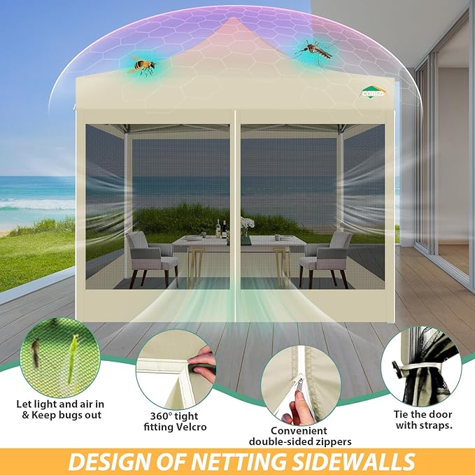 COBIZI 10x10 Canopy Tent with 4 Sidewalls,Heavy Duty Pop up Canopy with Mosquito Netting,Easy up Screen Tent for Parties Wedding Outdoor Camping with Handbag,Khaki