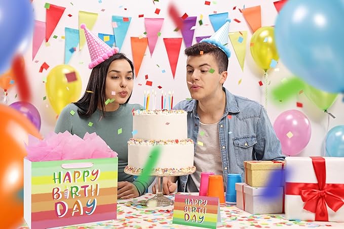Oletx 13" Rainbow Gift Bags Happy Birthday Party Favor Paper Bags Set with Tissue Paper Greeting Card for Women' Birthday Party, Wedding, Anniversaries, Mother's Day