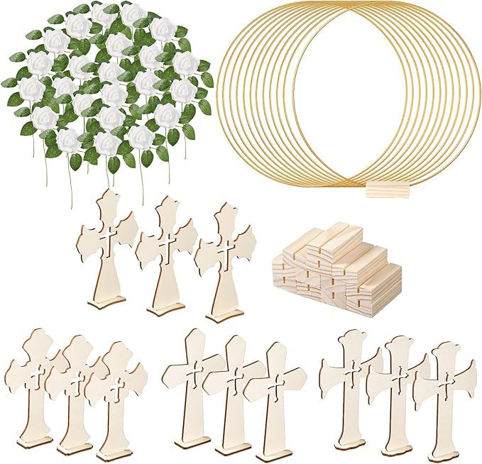 48 Pcs Baptism Centerpieces for Tables - Baptism Table Decorations - 12 Wood Crosses, 12 Metal Floral Hoops with Stands, and 24 Foam Roses - Garland Strands Kit for Baptism Party, Wedding Decor