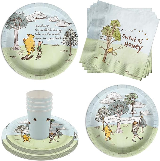 Birthday Galore Pooh Bear Baby Shower Party Supplies - 64 Piece Summer Baby Shower Tableware Set Includes Large 9" Dinner Plates and 8" Dessert Paper Plates Napkins Cups - Kit for 16