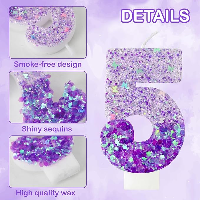 Purple Sequin Birthday Candles, Cake Number Candles, Girls 0th Birthday Decorations, Suitable for Birthday Parties, Anniversary Party Decorations(5)