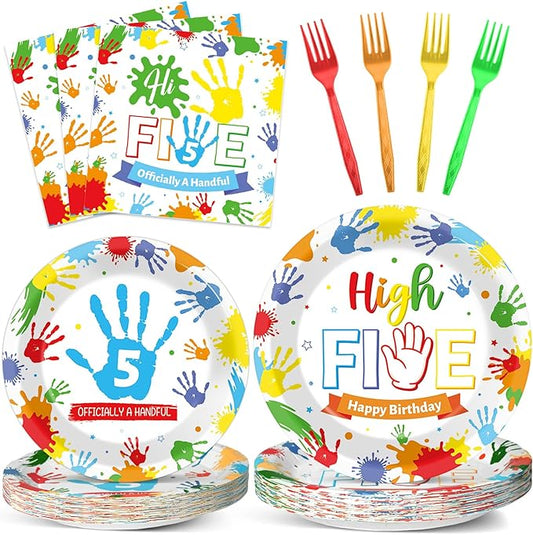 96Pcs Hi Five Birthday Party Supplies Colorful High 5 Year Old Birthday Paper Plates Napkins Hi FIVE Party Decorations Kids Girls Boys 5 Years Old Dinnerware Favor Tableware Serves 24