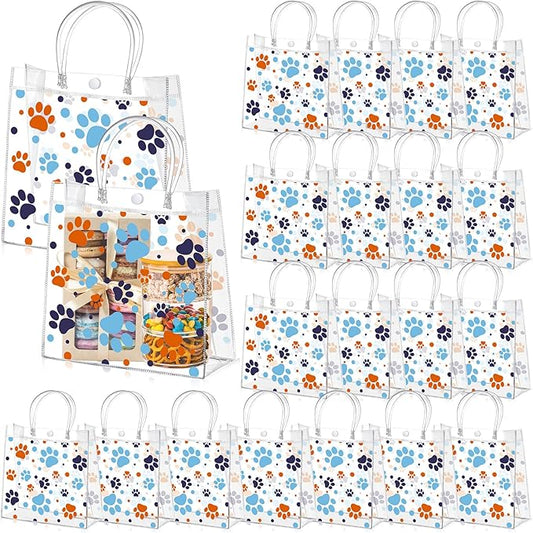 Abbylike 24 Pcs Dog Paw Clear PVC Gift Bag with Handles Party Favor Bag Candy Gift Treat Bags for Sports Theme Party Decorations Game Celebration Supplies Birthday Decorations