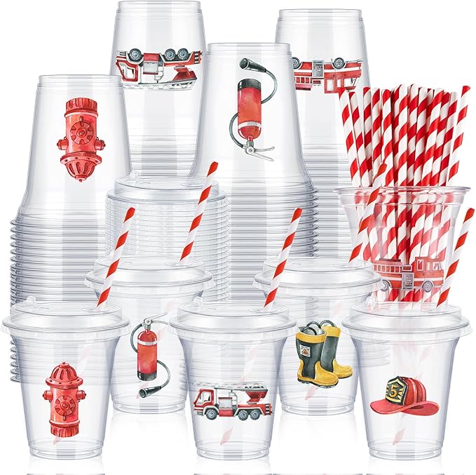 Qinyoung 60 Pcs Watercolor Fire Truck Party Cups with Lids and Paper Straws 14 oz Disposable Clear Plastic Cups for Firefighter Birthday Party Favor Supplies Decorations