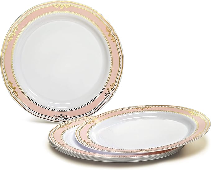 " OCCASIONS " 320pcs set (40 Guests)-Wedding Party Disposable Plastic Plate Set -40 x 10.25'' + 40 x 7.5'' + Silverware + Cups + Napkins (Scalloped in White/Blush & Gold)