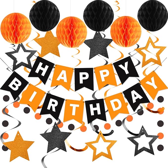 meowtastic Birthday Decorations, Happy Birthday Banner with Honeycomb Balls, Star Hanging Swirl Streamers, Circle Dots Garland, Happy Birthday Party Decorations for Women Girls (Black & Orange)
