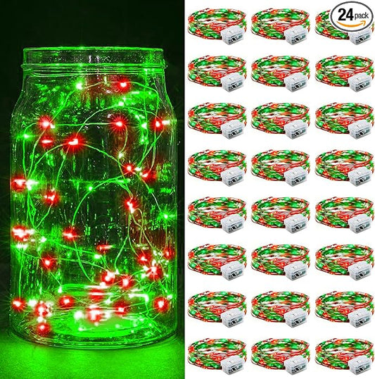 24 Pack Fairy Lights 7Ft 20 LED Twinkle String Lights 3 Modes Battery Operated Waterproof Firefly Starry for Mason Jar Party Wedding Christmas Valentines Day Table Centerpieces,Red&Green