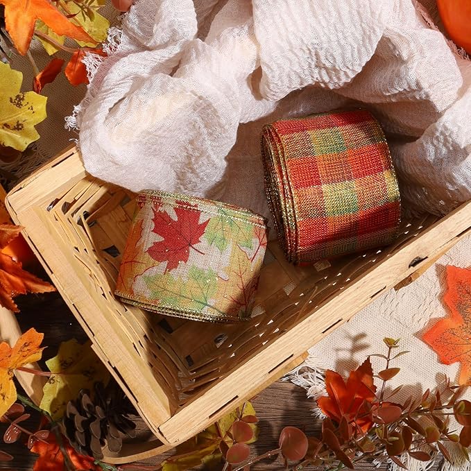 LaRibbons Fall Burlap Plaid Ribbon Wired 2 1/2" x 10 Yards 2 Rolls, Maple Leave Plaid Ribbon for Autumn Wreath Thanksgiving Farm Gift Wrapping Home Decor