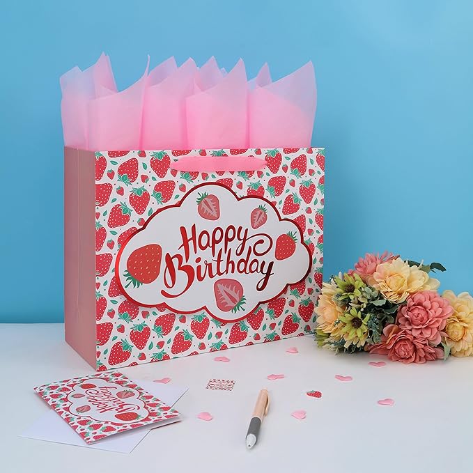 wishinside 13” Large Strawberry Happy Birthday Gift Bag Set with Handles, Greeting Card, Tissue Papers and Stickers for Girls Kids Teens Women, Cute Fruit Themed Birthday Design, 1 Pcs