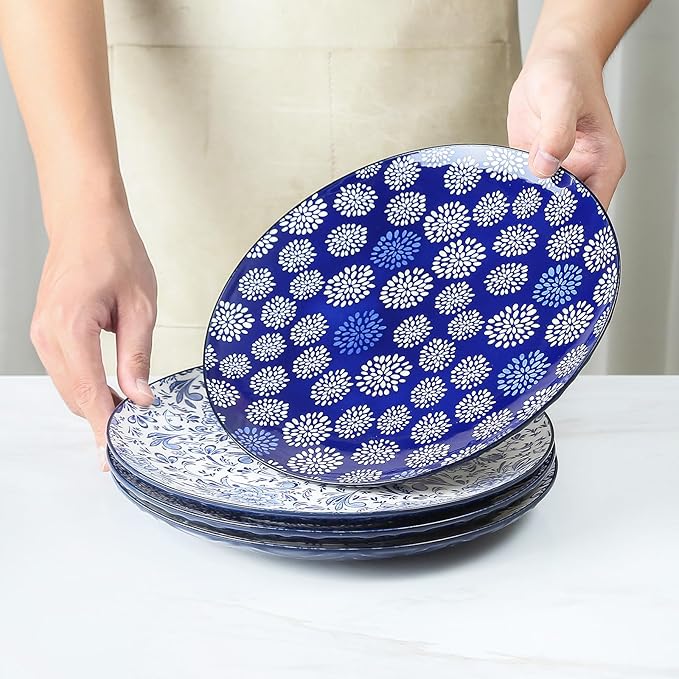 KitchenTour Ceramic Dinner Plates, 10.5 Inch Large Salad Plates Set of 4, Serving Plates for Dessert, Pasta, Steak, Dishwasher and Microwave Safe