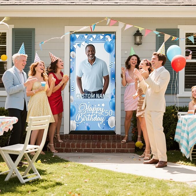 Dicodes Personalized Happy Birthday Door Banner Custom Photo Birthday Photography Background Decorations Party Supplies for Women Men (Blue White)