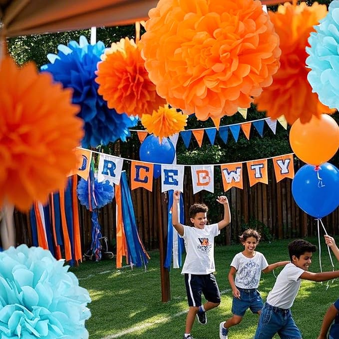 Capesaro Blue and Orange 12PCS Paper Pom Poms Party Decorations for Girl Birthday College Graduation Decoration, Hanging Decor Tissue Paper Flowers