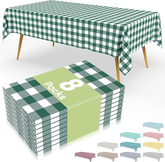 Smiry 8 Packs Gingham Disposable Table Cloth, 54 x 108 Inch Waterproof Plastic Tablecloth, Rectangle Hunter Green and White Checkered Table Covers for Picnic, Birthday, Party