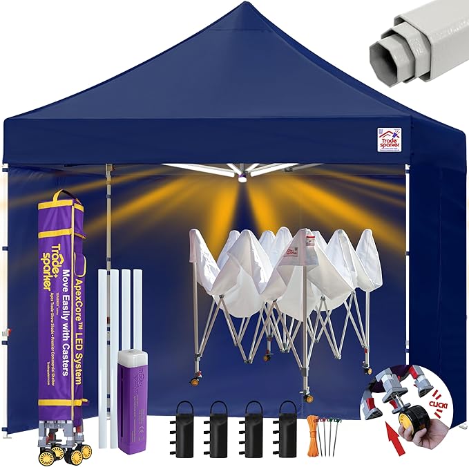 Tradesparker Pop Up Tent,Commercial Movable Canopy with ApexCore LED&Rugged Casters-Instant Easy Setup Shelter Canopies with Weight Bags&Stakes for Outdoor Events(10x10, with 4 Sidewalls, Navy Blue)