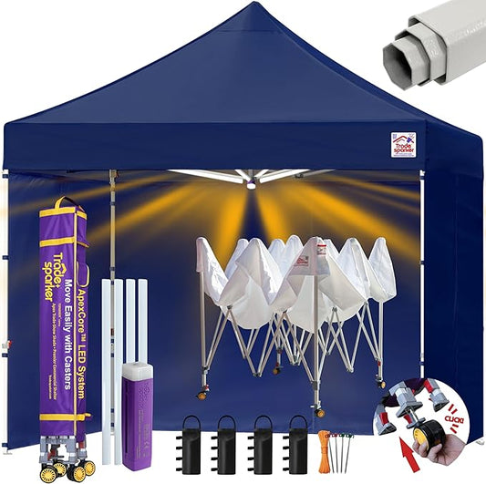 Tradesparker Pop Up Tent,Commercial Movable Canopy with ApexCore LED&Rugged Casters-Instant Easy Setup Shelter Canopies with Weight Bags&Stakes for Outdoor Events(10x10, with 4 Sidewalls, Navy Blue)