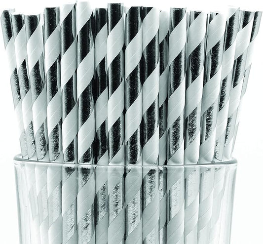 Pack of 900 Silver Foil Swirls Biodegradable 4-Ply Paper Drinking Straws (Compostable, Non-toxic, BPA-free)