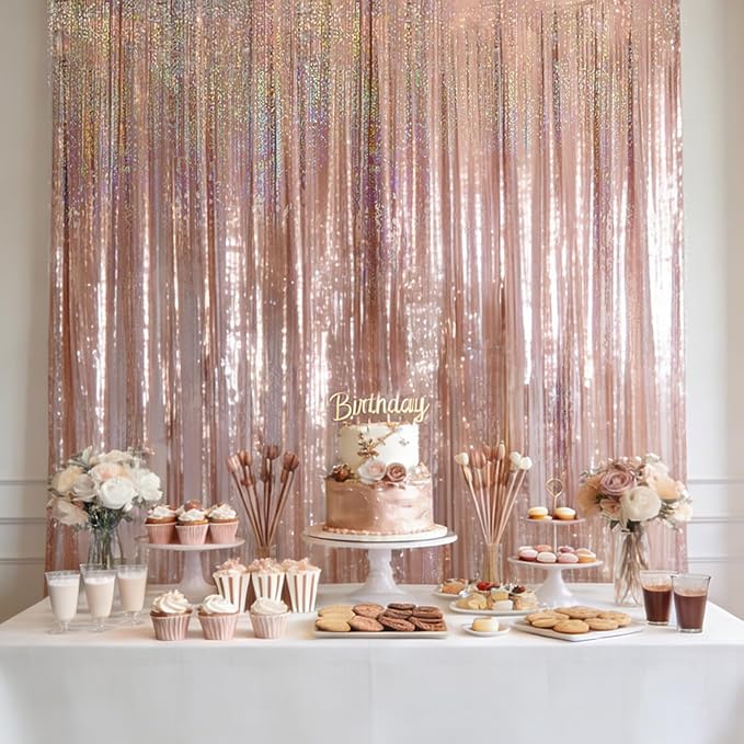 4 Packs Rose Gold Foil Fringe Curtain, Rose Gold Glitter Metallic Tinsel Backdrop for Birthday Wedding Bridal Baby Shower Engagement Bachelorette Party Decorations Supplies