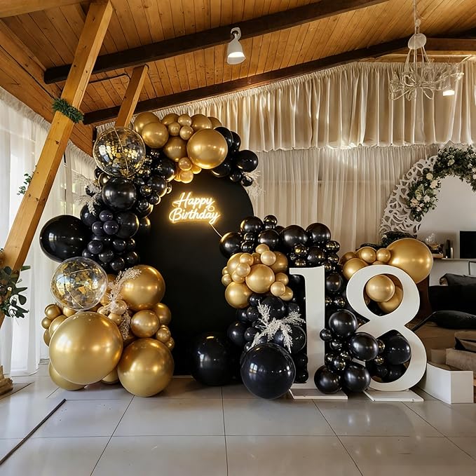Lukiituke Black and Gold Balloon Arch Kit, 114Pcs Gold Latex Balloons, 4 Size Black New Years Party Balloons for Birthday Decorations, New Years, Wedding, Graduation Decorations