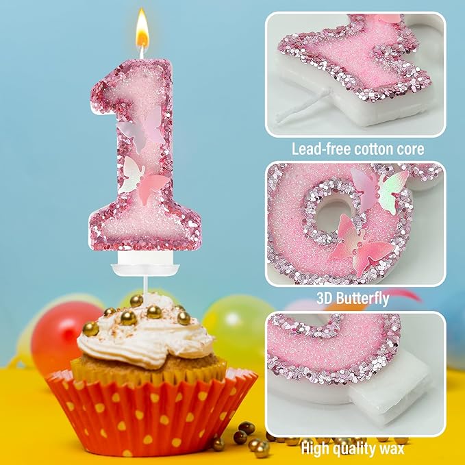 1st Birthday Candles, Glitter Butterfly Cake Toppers Pink Sequins Wedding Numeral Cupcake Decorations, Suitable for Girl and Boy Wedding Cakes, Party Celebrations, Birthday Decorations